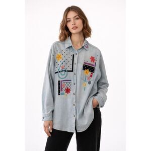 PTNV vintage denim oversized teacher art button-down multi-media SZ 1X #2586